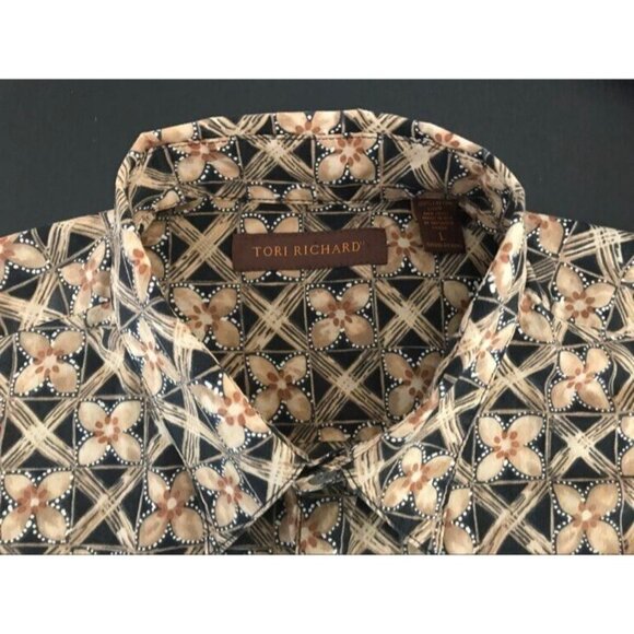 TORI RICHARD Short Sleeve Shirt Size Large Hawaiian Cotton Lawn Black Tan Print - Picture 3 of 8